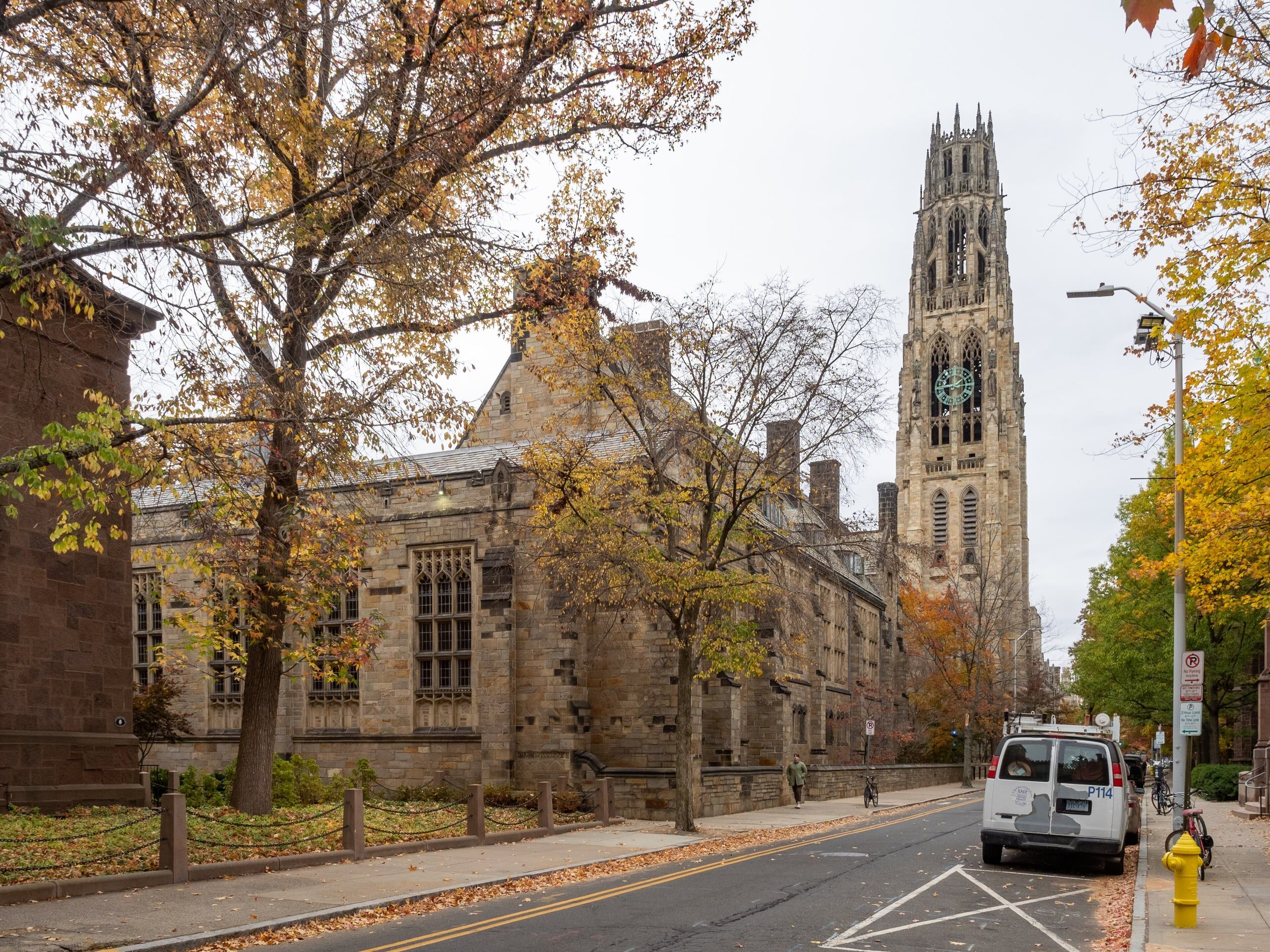 Harkness Tower at Yale against a clear sky