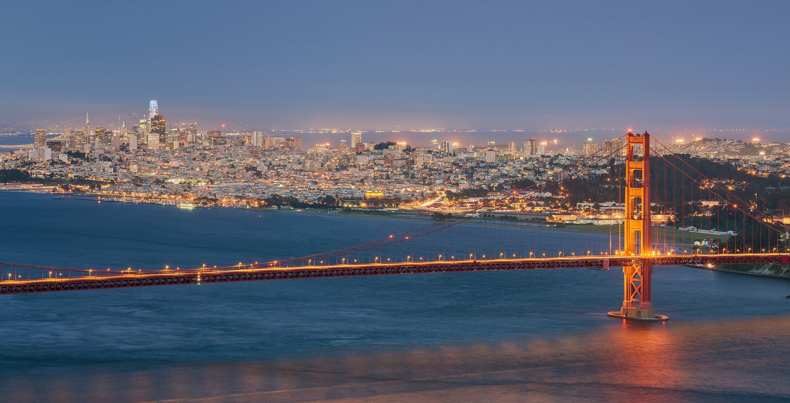 The Golden Gate Bridge and San Francisco at dusk